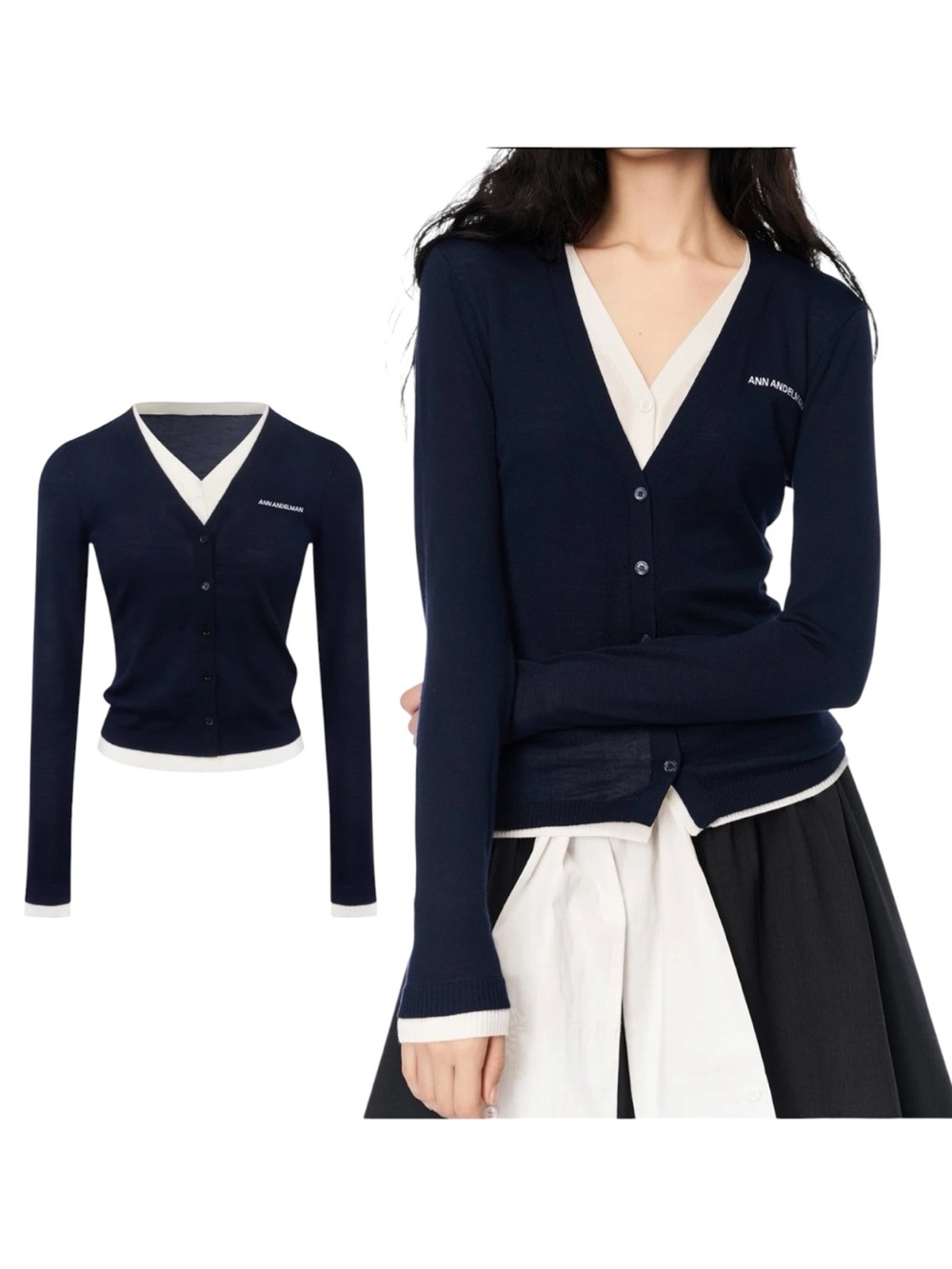 Ann Andelman | Fake Two Piece Wool Long Sleeve Cardigan - Size Small, Dark Blue